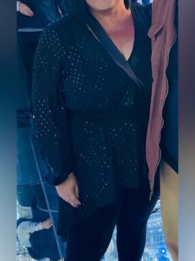 Torrid Black Swiss Dot Sheer Tunic Top Size 3 (3X) Flowy Sexy V Neck